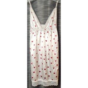Satin Babydoll Chemise NWOT White Red Hearts Lace Coquette Nightgown Slip Small